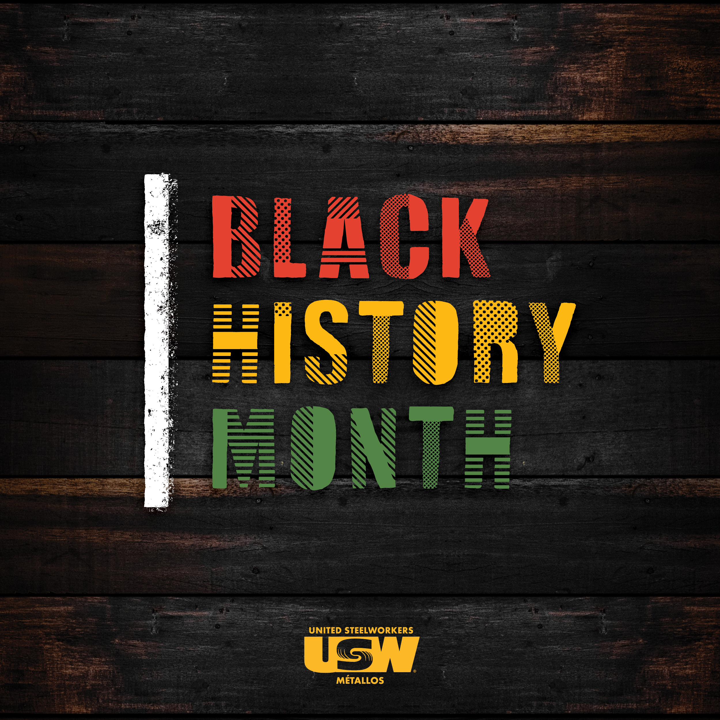 Image: Dark background with text that reads, "Black History Month" in red, yellow and green. USW logo at the bottom.