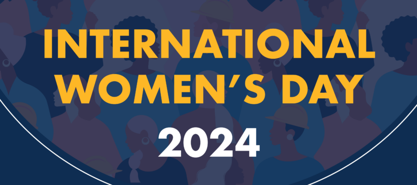Poster on dark background and graphic of illustrated women: International Women's Day 2024: Let's focus on women's economic and physical security